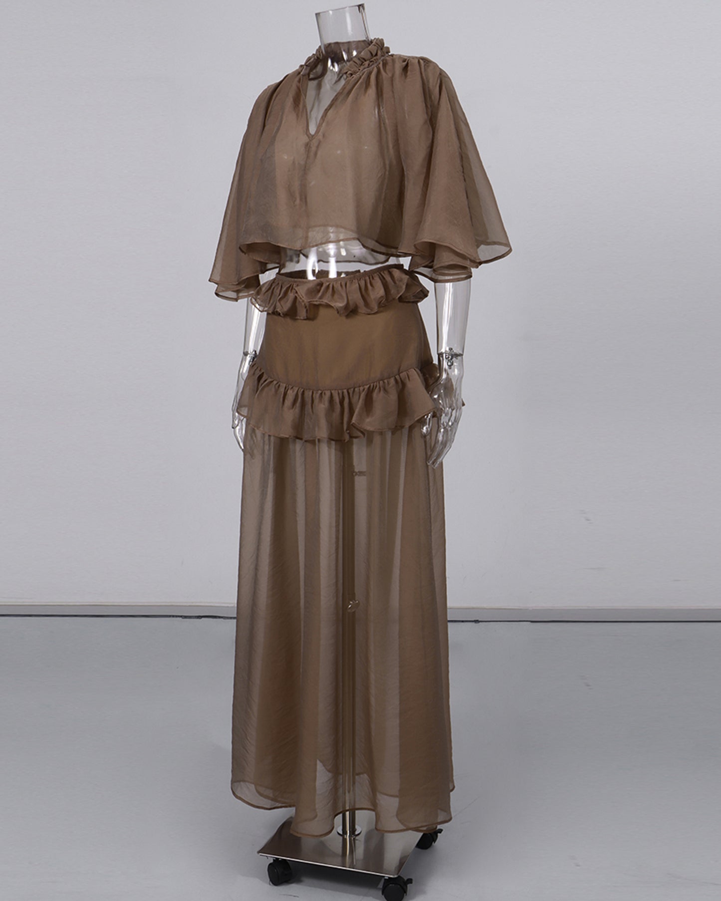 Mochabrown Cape-Sleeve Ruffled Top Maxi Skirt Set