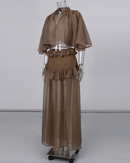 Mochabrown Cape-Sleeve Ruffled Top Maxi Skirt Set