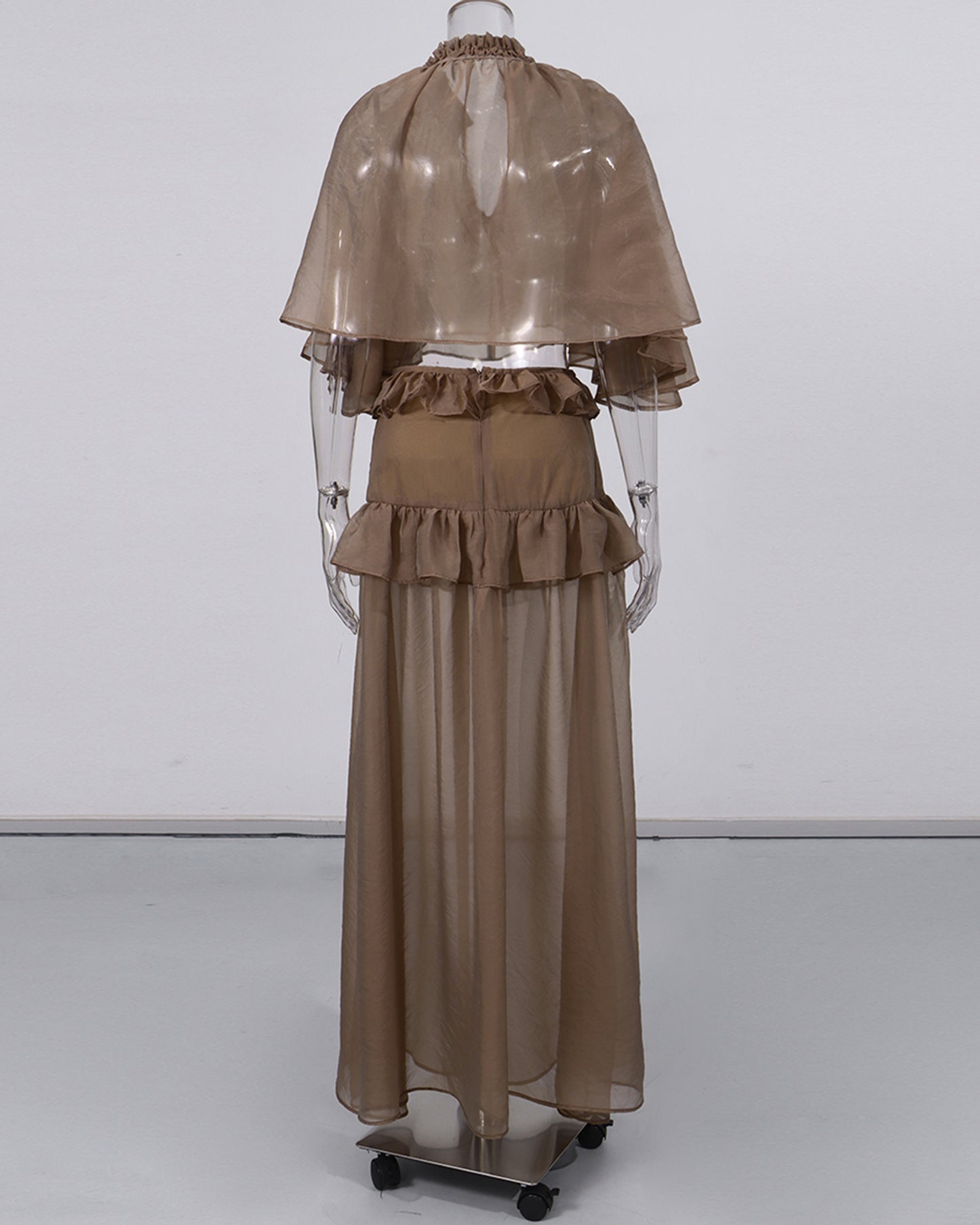 Mochabrown Cape-Sleeve Ruffled Top Maxi Skirt Set