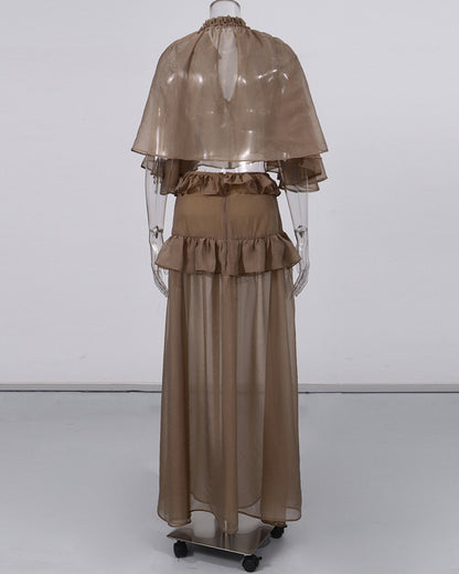 Mochabrown Cape-Sleeve Ruffled Top Maxi Skirt Set