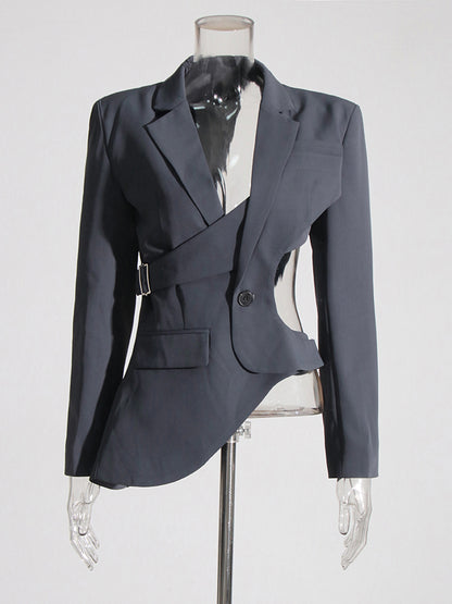 Edgy Gray Cutout Asymmetric Blazer with Belt Detail
