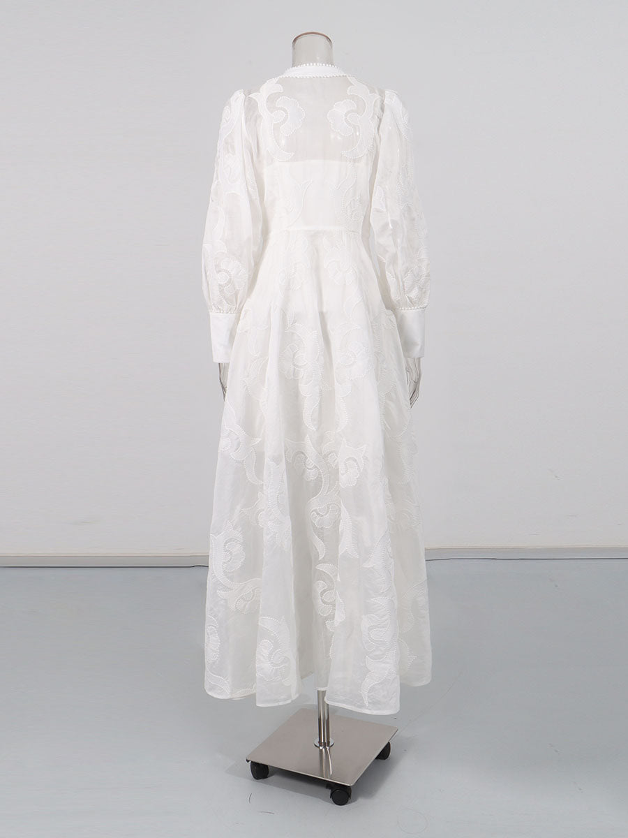 White Embroidered Long Sleeve Maxi Dress