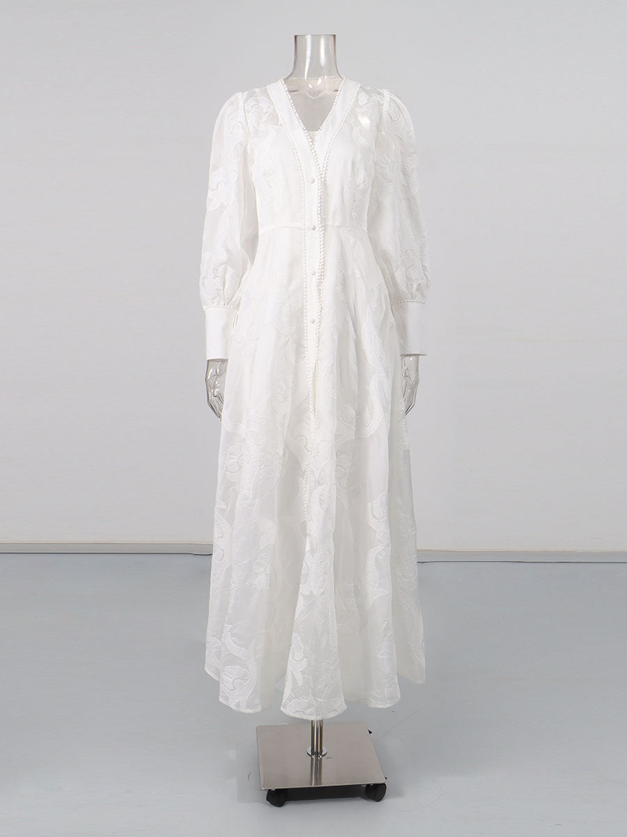 White Embroidered Long Sleeve Maxi Dress