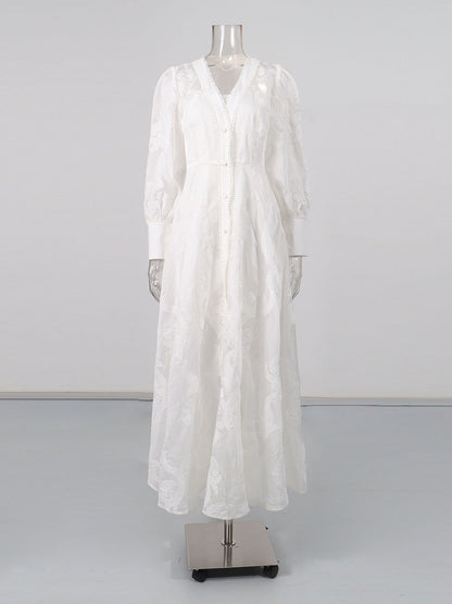 White Embroidered Long Sleeve Maxi Dress