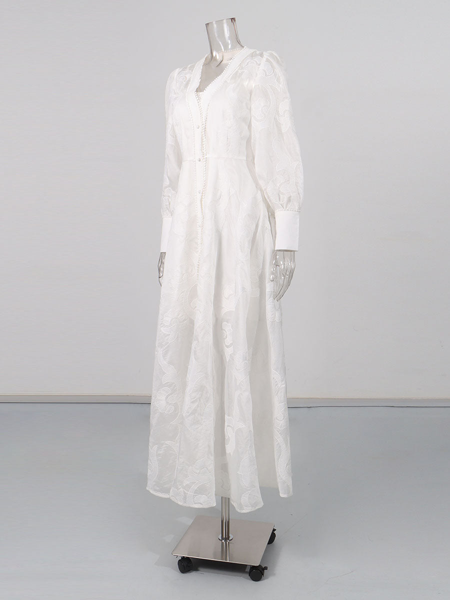 White Embroidered Long Sleeve Maxi Dress