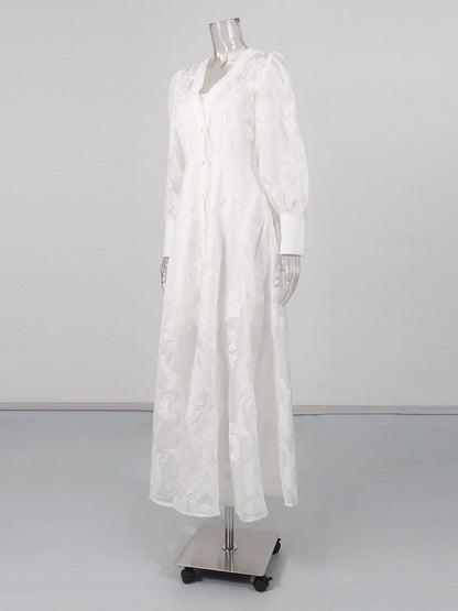White Embroidered Long Sleeve Maxi Dress