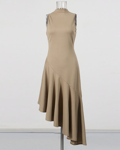 Khaki Sleeveless Asymmetric Flounce Midi Dress