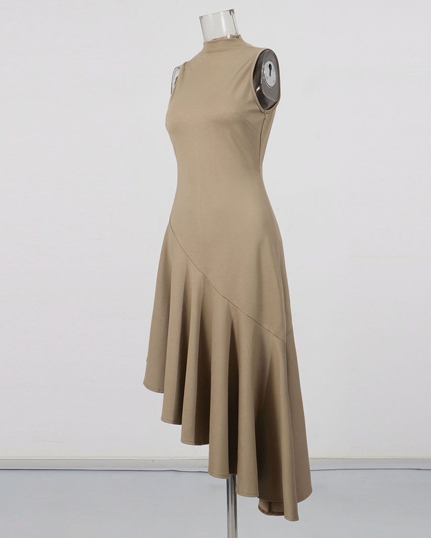 Khaki Sleeveless Asymmetric Flounce Midi Dress