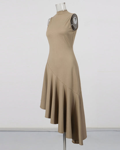 Khaki Sleeveless Asymmetric Flounce Midi Dress