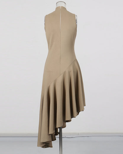 Khaki Sleeveless Asymmetric Flounce Midi Dress
