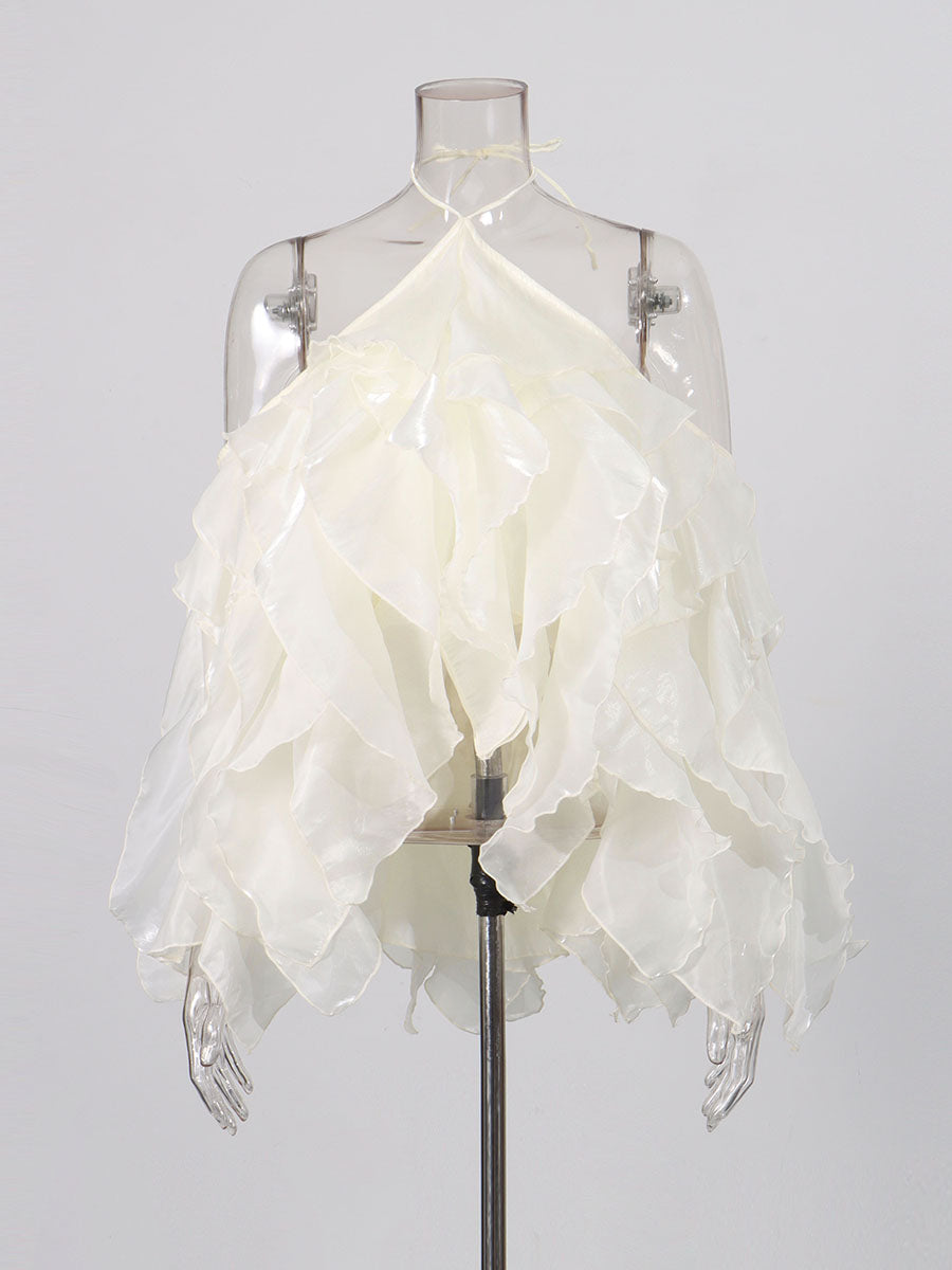 Beige Halter Neck Ruffled Chiffon Blouse