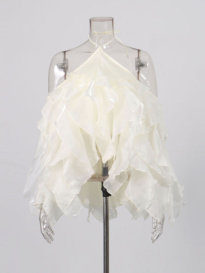 Beige Halter Neck Ruffled Chiffon Blouse