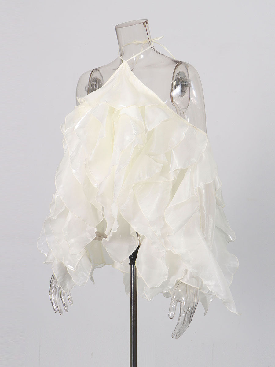 Beige Halter Neck Ruffled Chiffon Blouse