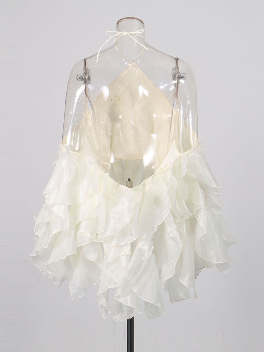 Beige Halter Neck Ruffled Chiffon Blouse
