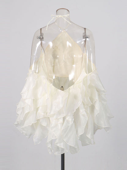 Beige Halter Neck Ruffled Chiffon Blouse