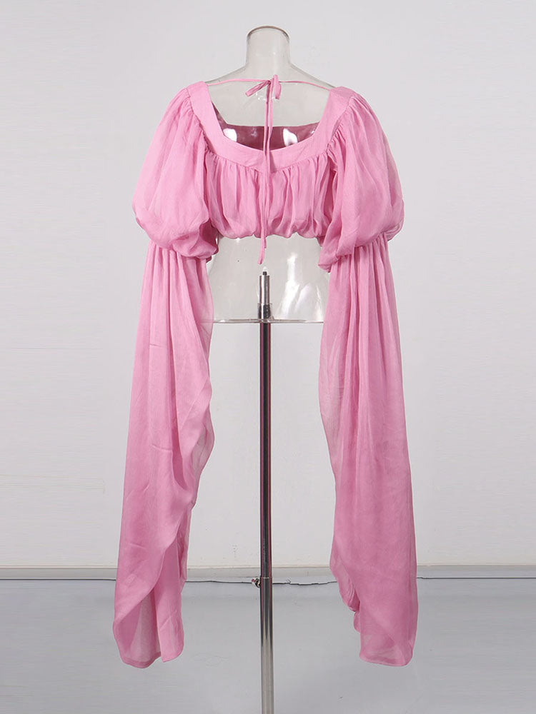 Pink Off Shoulder Puff Sleeves Cropped Blouse