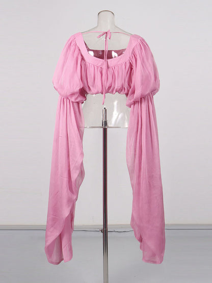 Pink Off Shoulder Puff Sleeves Cropped Blouse