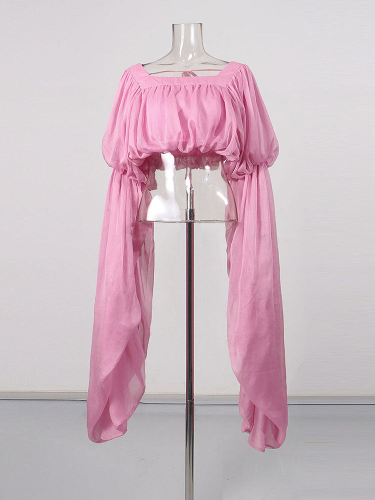 Pink Off Shoulder Puff Sleeves Cropped Blouse