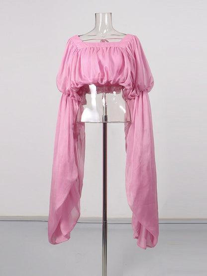 Pink Off Shoulder Puff Sleeves Cropped Blouse