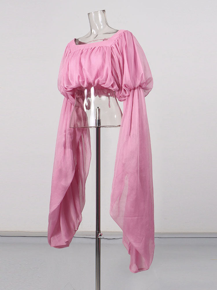 Pink Off Shoulder Puff Sleeves Cropped Blouse