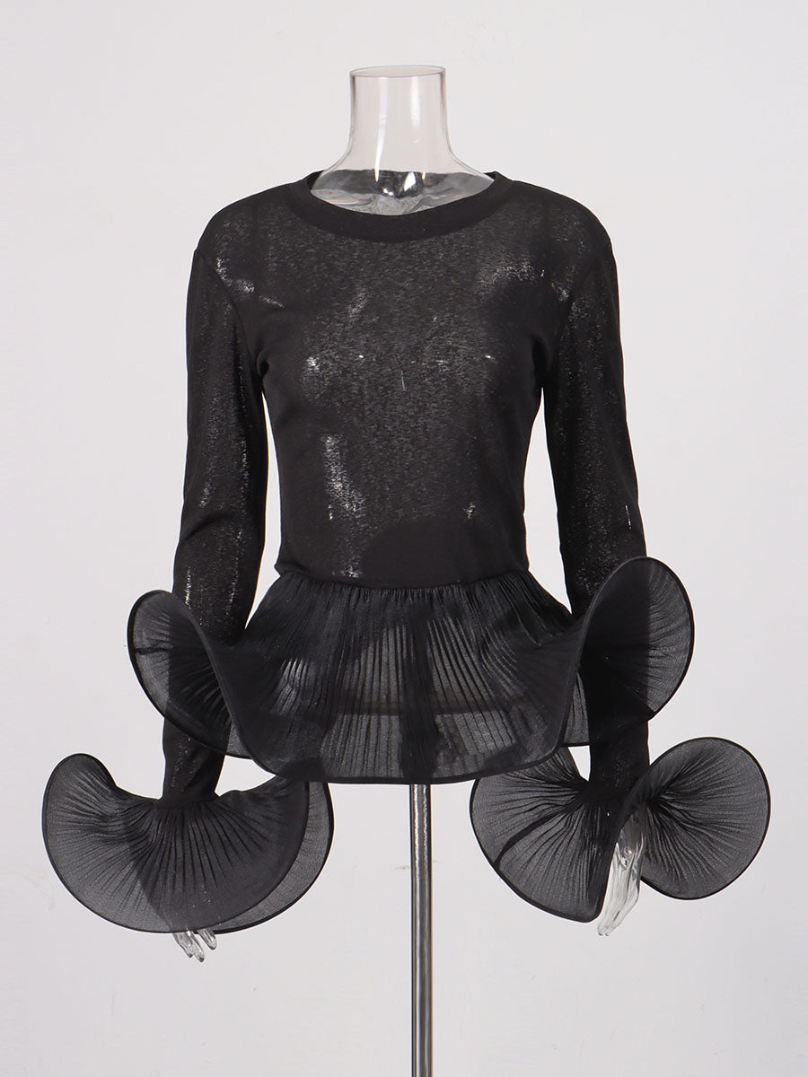 Black Sheer Mesh Long Sleeve Top