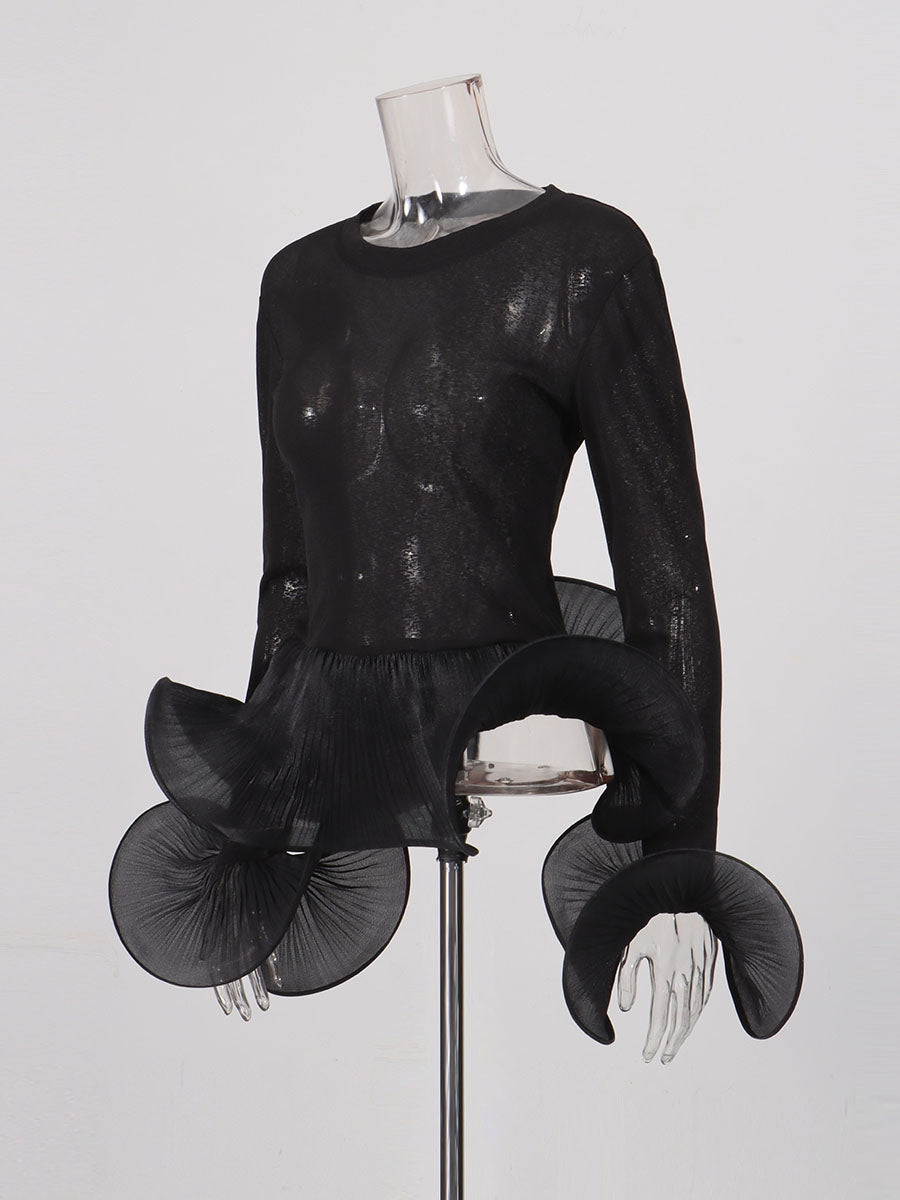 Black Sheer Mesh Long Sleeve Top