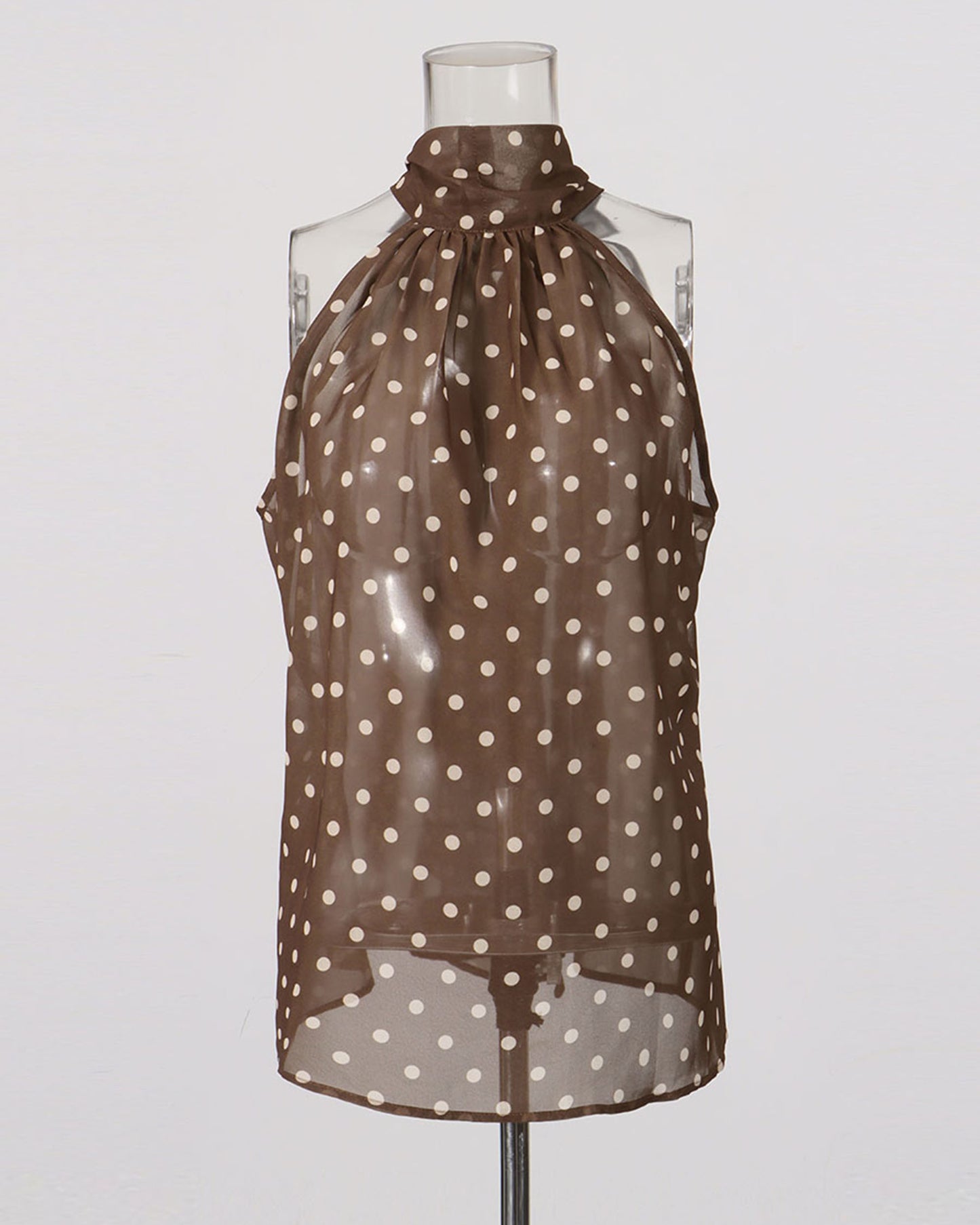 Coffee Polka Dot Halter Neck Sleeveless Blouse