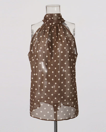 Coffee Polka Dot Halter Neck Sleeveless Blouse