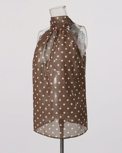 Coffee Polka Dot Halter Neck Sleeveless Blouse