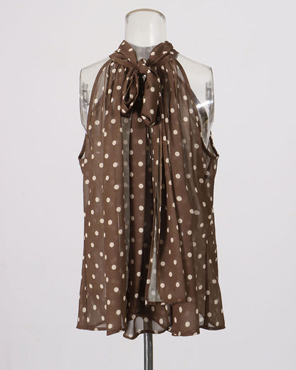 Coffee Polka Dot Halter Neck Sleeveless Blouse
