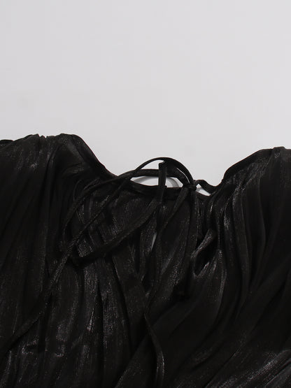 Gothic - Elegant Black Pleated Maxi Dress with Tie Neck and Sash.