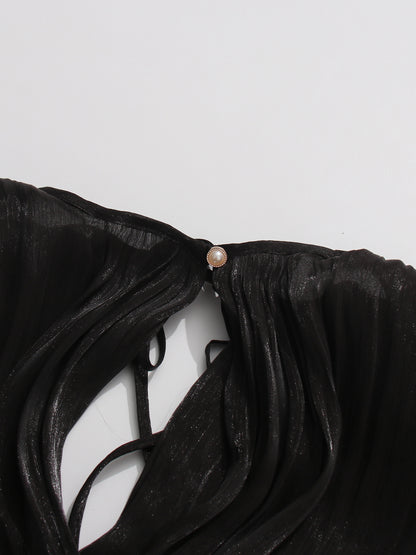 Gothic - Elegant Black Pleated Maxi Dress with Tie Neck and Sash.