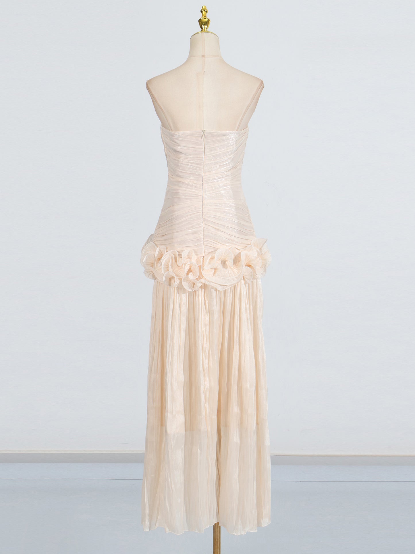 Elegant Apricot Strapless Maxi Dress with Ruffled Detail