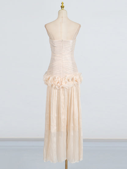 Elegant Apricot Strapless Maxi Dress with Ruffled Detail