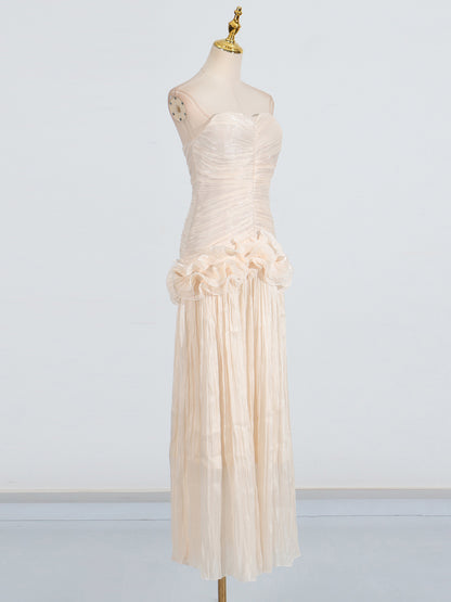 Elegant Apricot Strapless Maxi Dress with Ruffled Detail