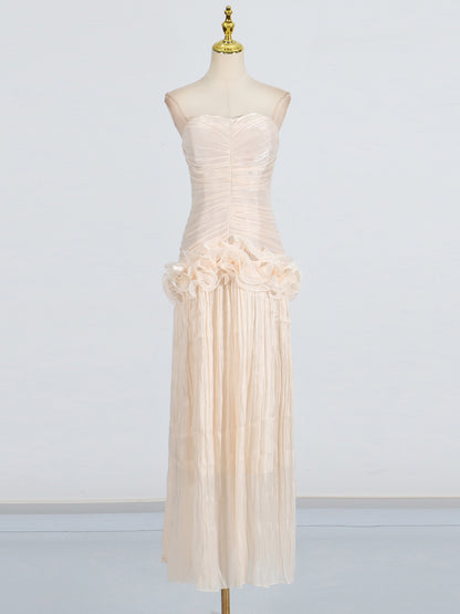 Elegant Apricot Strapless Maxi Dress with Ruffled Detail