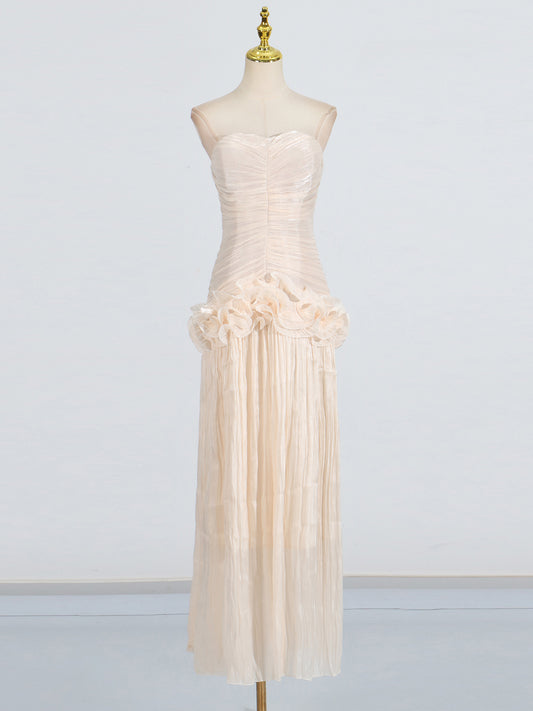 Elegant Apricot Strapless Maxi Dress with Ruffled Detail