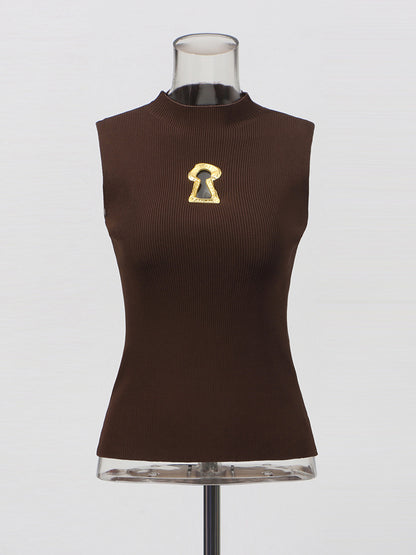 Chic Coffee Sleeveless Top with Gold Keyhole Accent