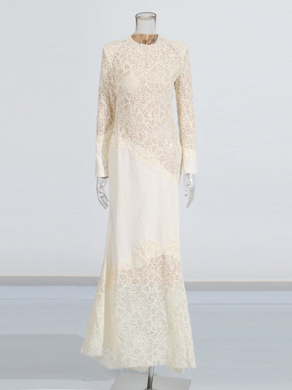 Elegant Cream Lace Long-Sleeve Maxi Dress