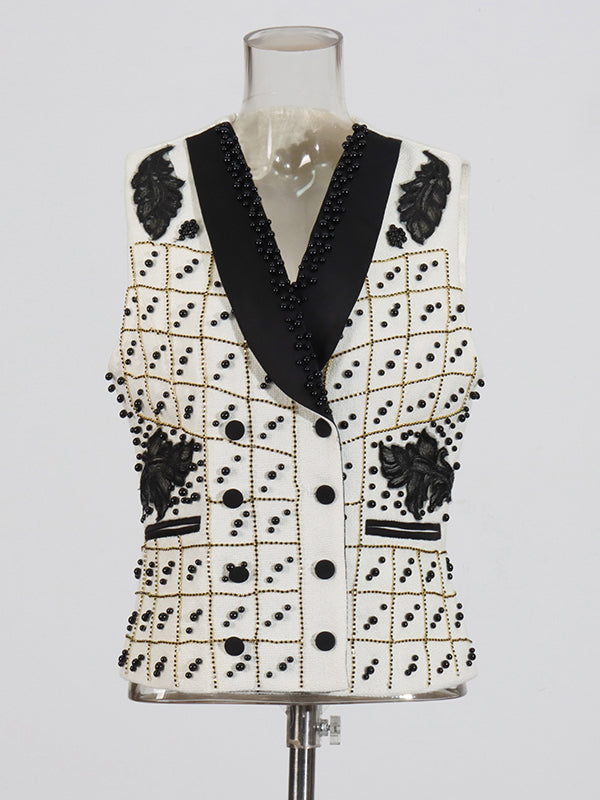 Hit Color Patchwork Pearls Vest