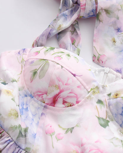 Floral Tie-Strap Ruffle Cake Dress