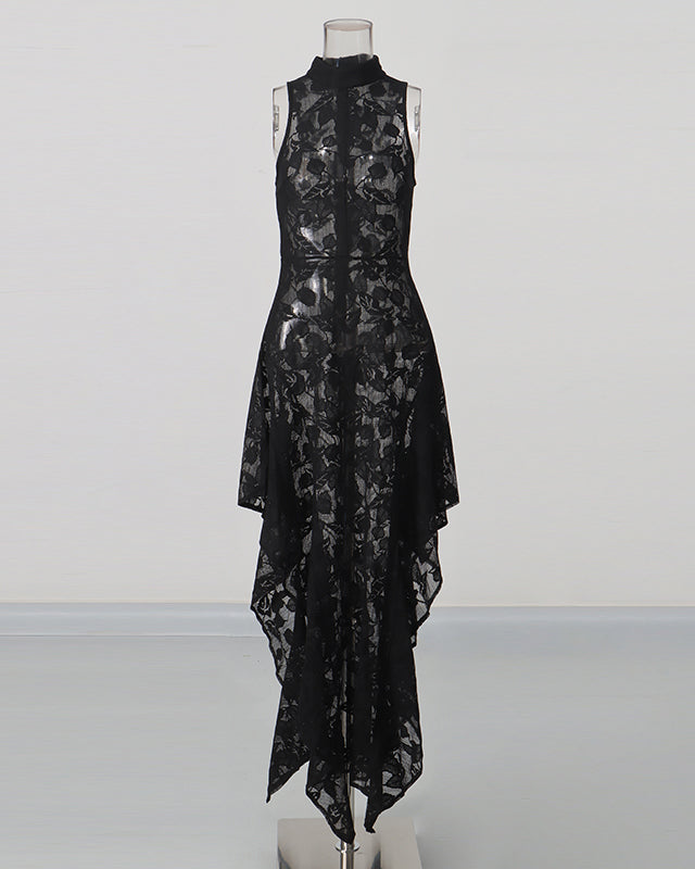 Black Lace Sleeveless Asymmetric Maxi Dress