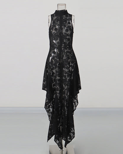 Black Lace Sleeveless Asymmetric Maxi Dress