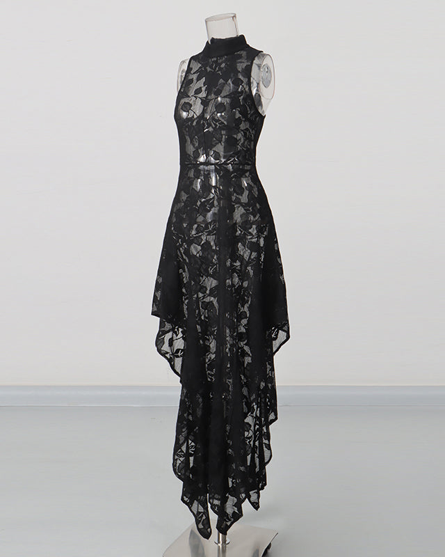 Black Lace Sleeveless Asymmetric Maxi Dress