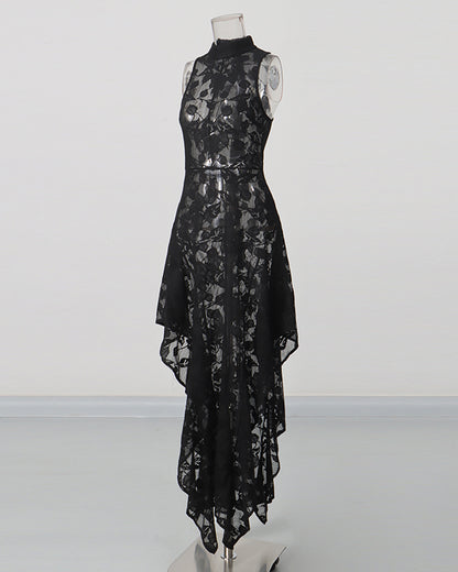 Black Lace Sleeveless Asymmetric Maxi Dress