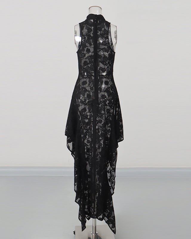 Black Lace Sleeveless Asymmetric Maxi Dress