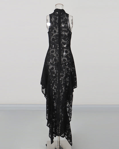 Black Lace Sleeveless Asymmetric Maxi Dress