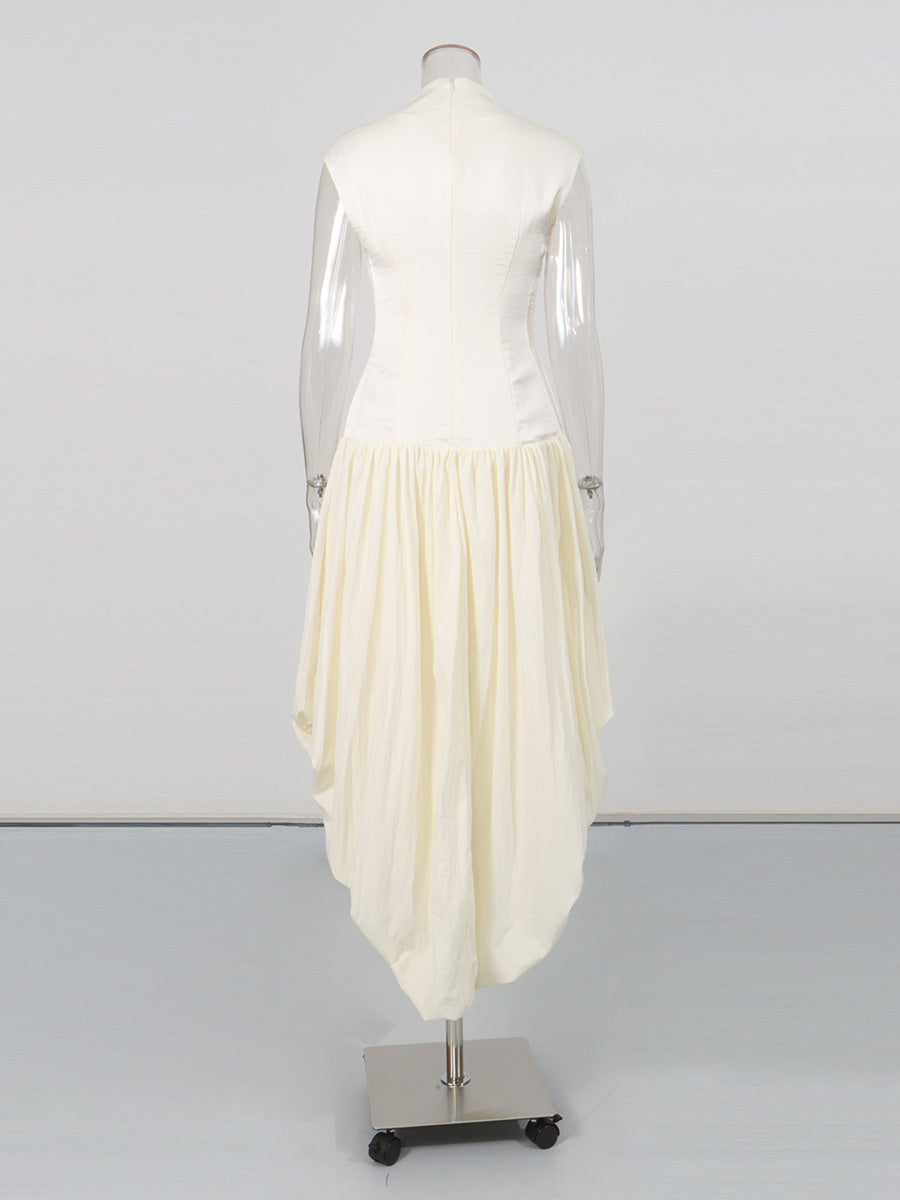 Beige High-Neck Sleeveless Asymmetric Balloon Dress