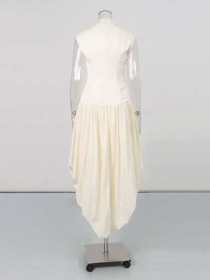Beige High-Neck Sleeveless Asymmetric Balloon Dress