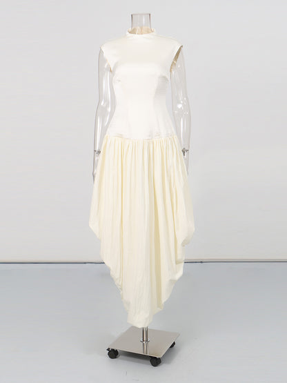 Beige High-Neck Sleeveless Asymmetric Balloon Dress